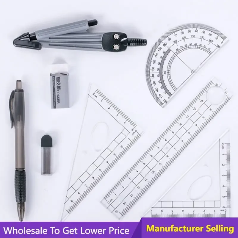 Portable  8PCS/Set Student Geometry Protractor Ruler Drawing Suit School Compasses Set Math Eraser For Students Office Supplies