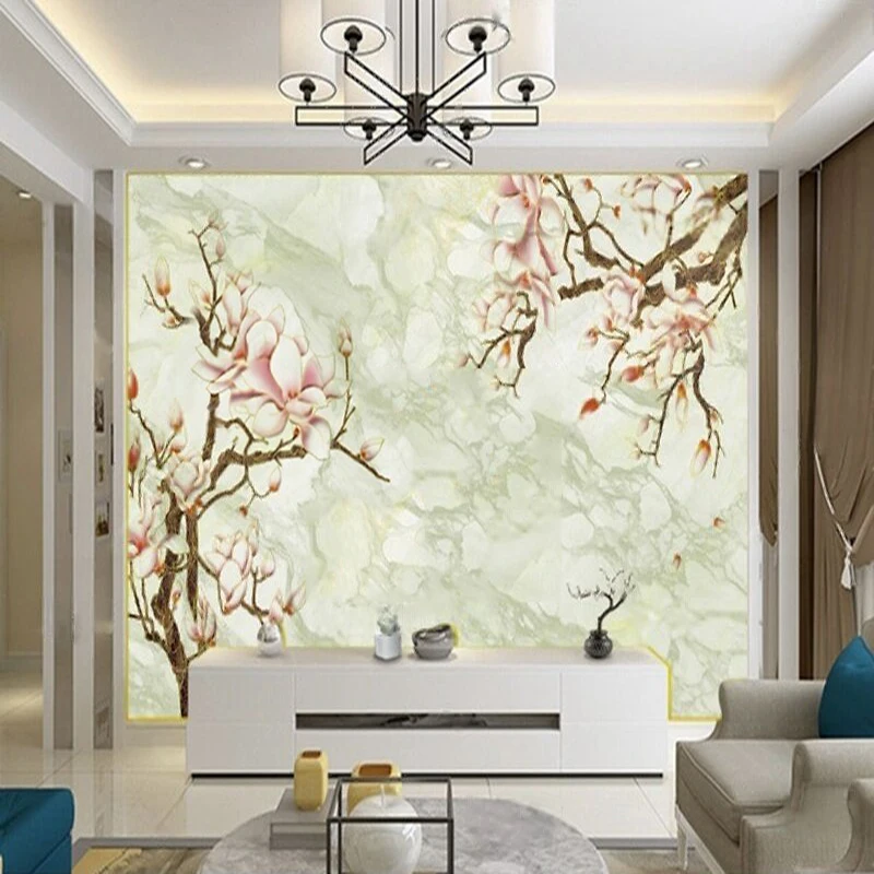 Modern Clear Meticulous Hand-Painted Magnolia Jade Flower And Bird Stone Pattern Marble Tree Branch TV Bedroom Wall Surface