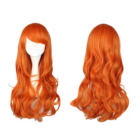 Japanese Anime Pirate Themed Nami Cosplay Wig for Women Orange Long Wavy Curly with Side Bangs Heat Resistant Synthetic Wig Prop