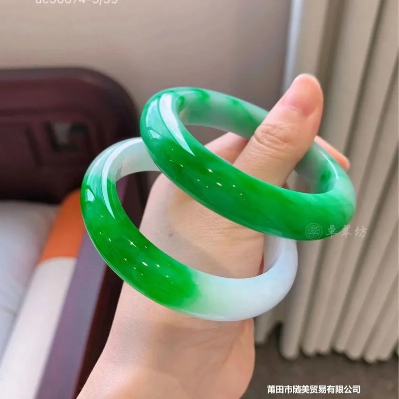 Ice Sun with floral patterns, bright on a background, green and white, Burmese bracelet, jadeite bangl