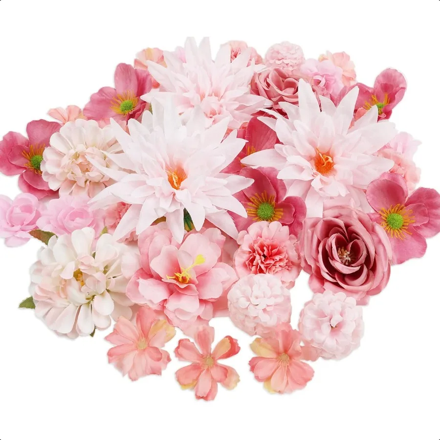 

56 PCS Fake Flowers for Crafts Artificial Pink Silk Flower Heads Bulk Faux Mini Flowers for Craft Garland Wedding Bridal Party