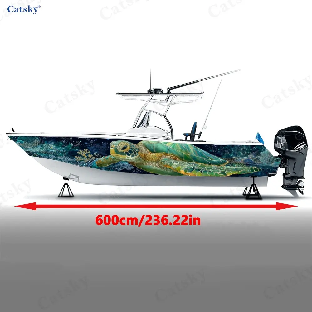 Deep Blue Water Ripple Sea Turtle Boat Stickers, PVC Waterproof Vinyl Wrap Decals for Fishing Boats, Durable and Stylish Design