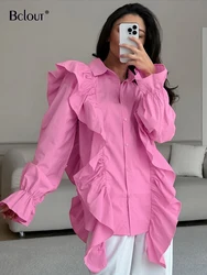 Bclout Fashion Pink Shirts Blouses For Women Chic Casual Blue Ruffled Long Sleeve Shirts 2024 Elegant Solid Loose Blouses Female