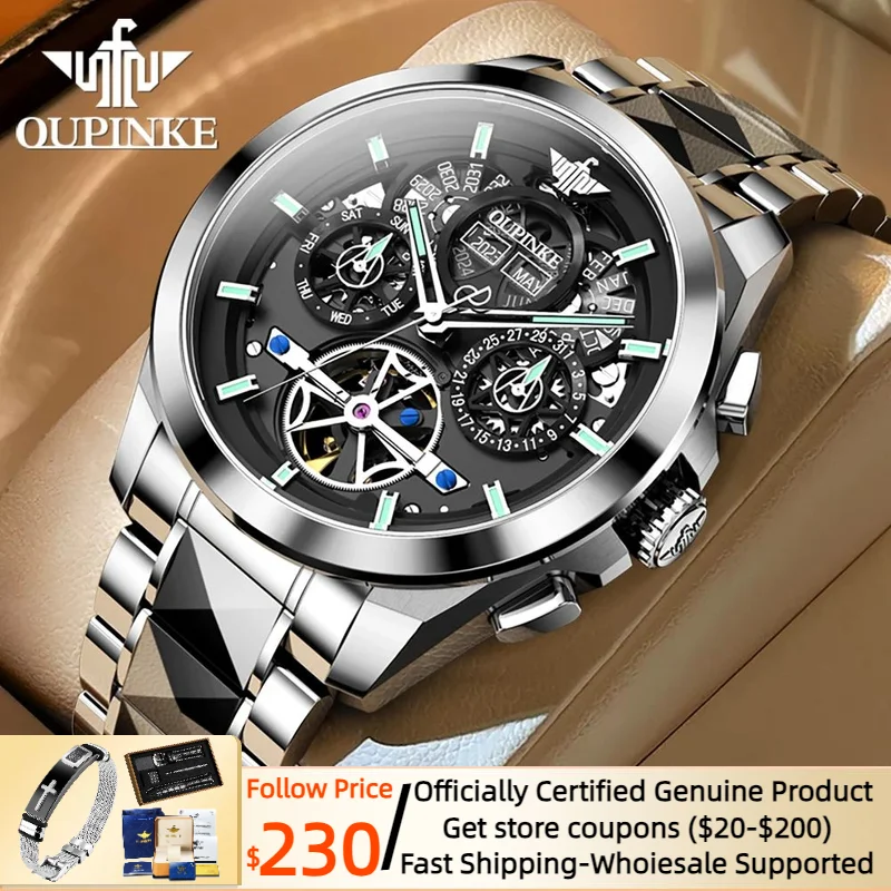 OUPINKE Automatic Mechanical Watch for Men Luxury Top Brand Tungsten Steel Sapphire Mirror Original Waterpoof Watches 2023 Trend