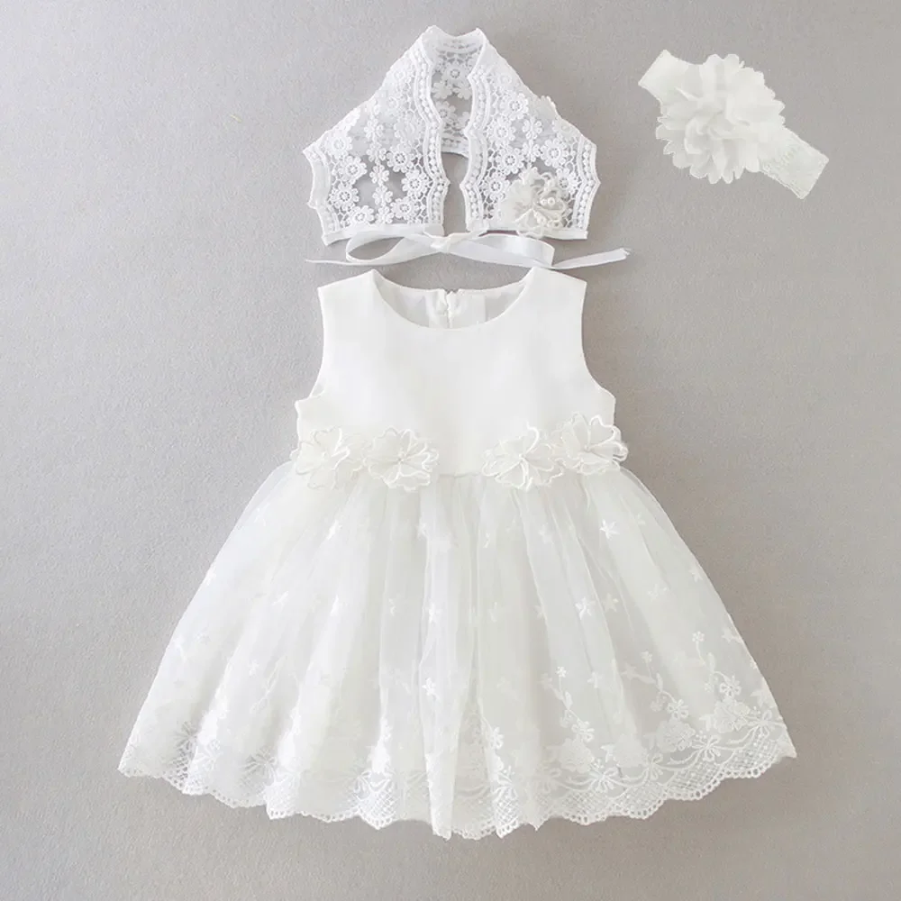 

White Baby Dresses with Hat Lace Flower 1 Year old Birthday Christening Dress Princess Toddler Girl Clothes roupa de bebe