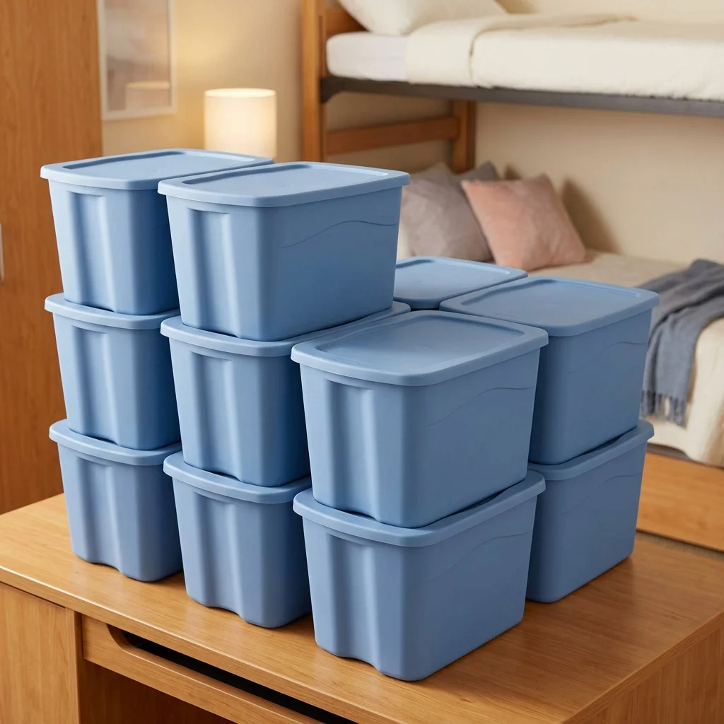 8-Pack 18 Gallon Plastic Storage Totes, Light Blue Snap-On Recessed Lids, Built-In Handles, Stackable Containers For Closet & Dorm Organization