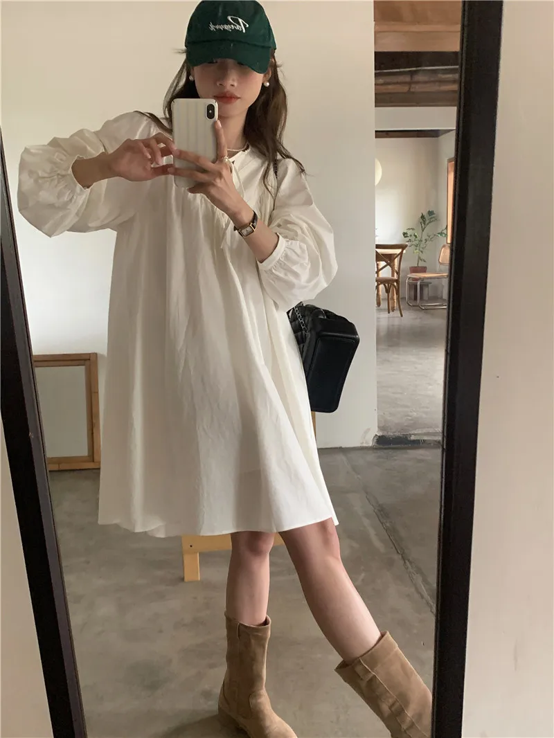 Vestido de manga comprida estilo coreano com costura de renda, solto, comprimento médio