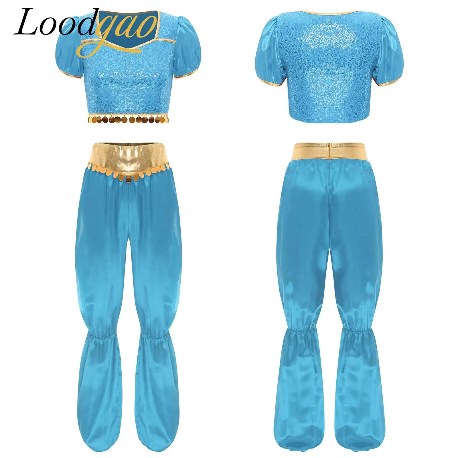 Women Arabian Arab Princess Costume Belly Dance Outfit Cosplay Halloween Party Sequins Top + Pants for Dance Performance Suit