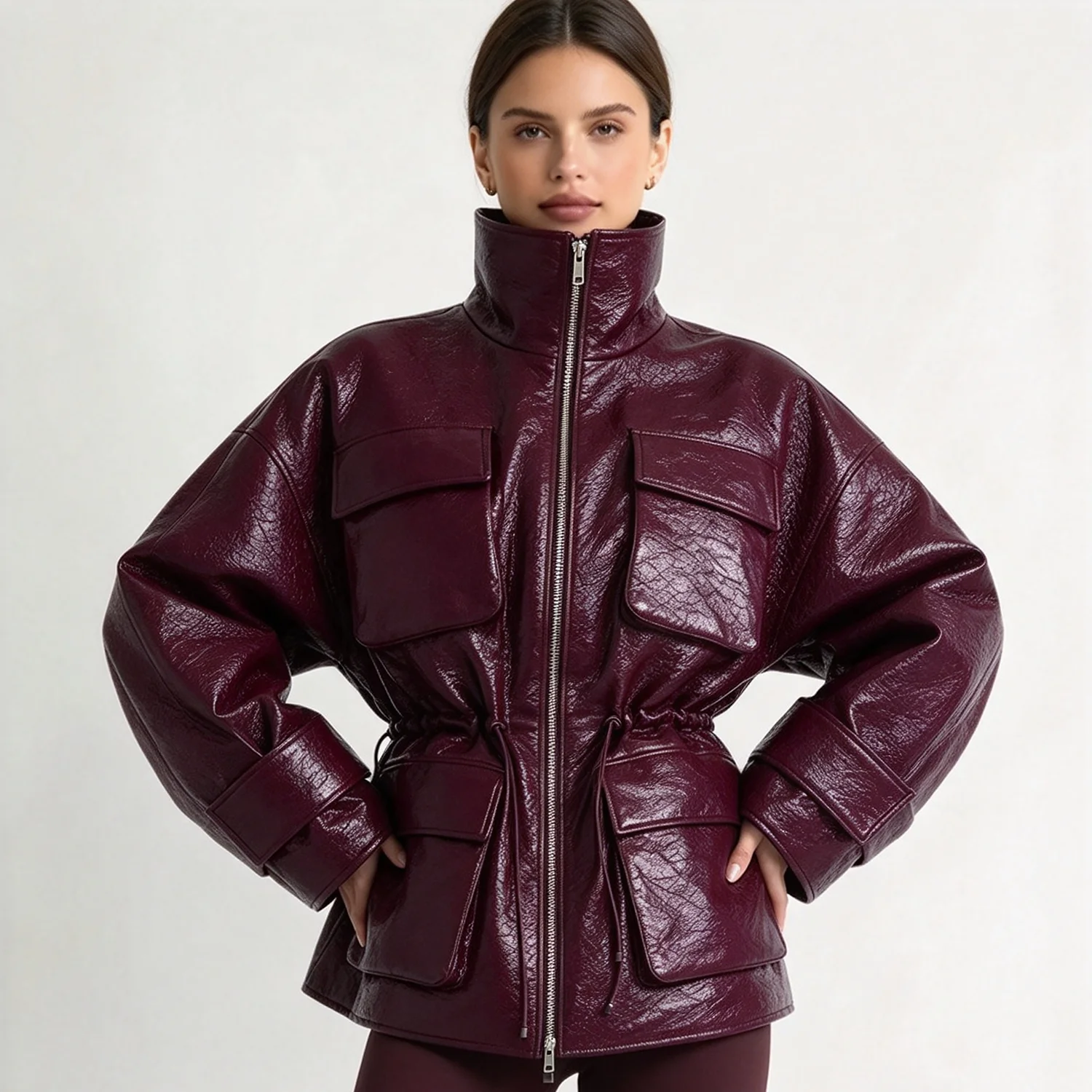 LIMO Women Glossy Faux Leather Jacket Stand Collar Oversized Multi Pockets Coat