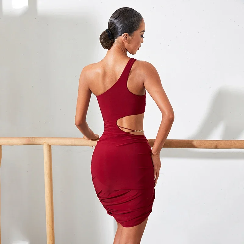 Sexy vestido de dança latina com ombro inclinado para mulheres, salão de baile, salsa, tango, fantasias de competição, roupas