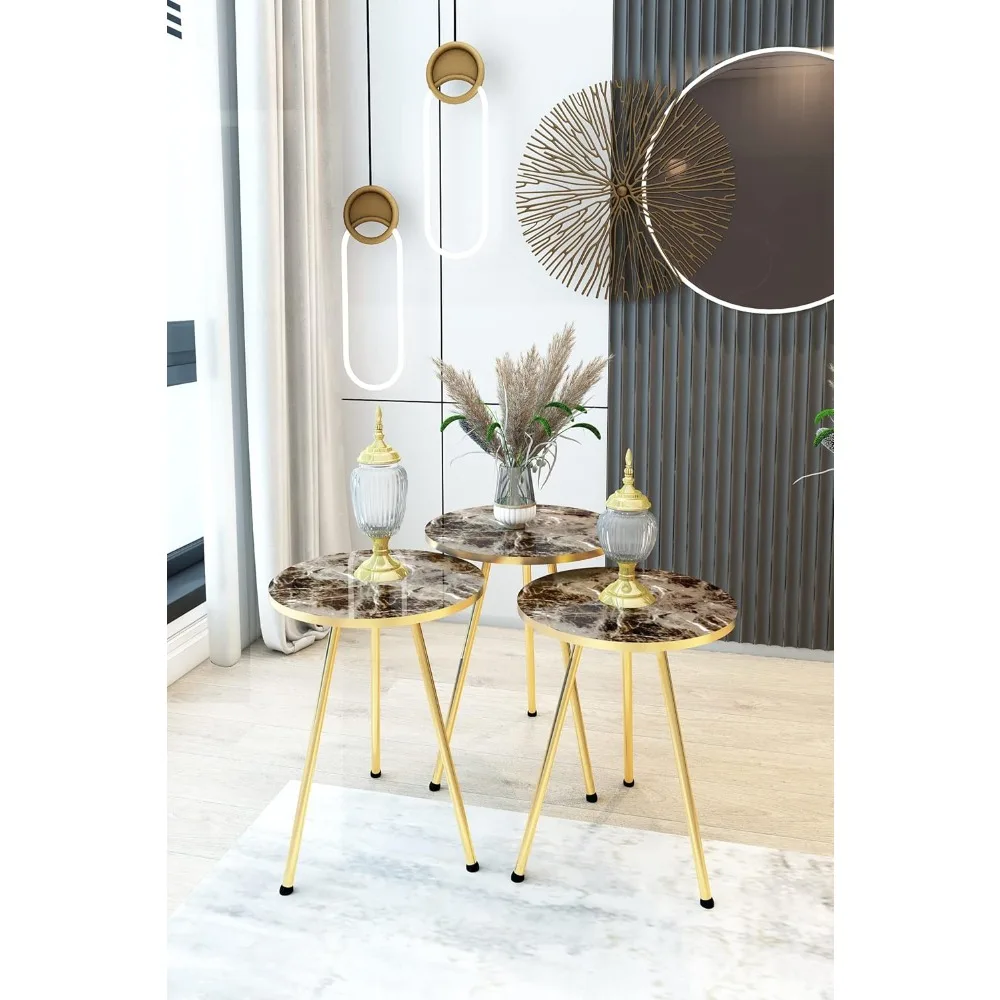 طاولات قهوة مستديرة مكونة من 3 قطع - طاولات جانبية مدمجة قابلة للتكديس للمساحات الصغيرة، مثالية لغرف المعيشة وغرف النوم والليل #3