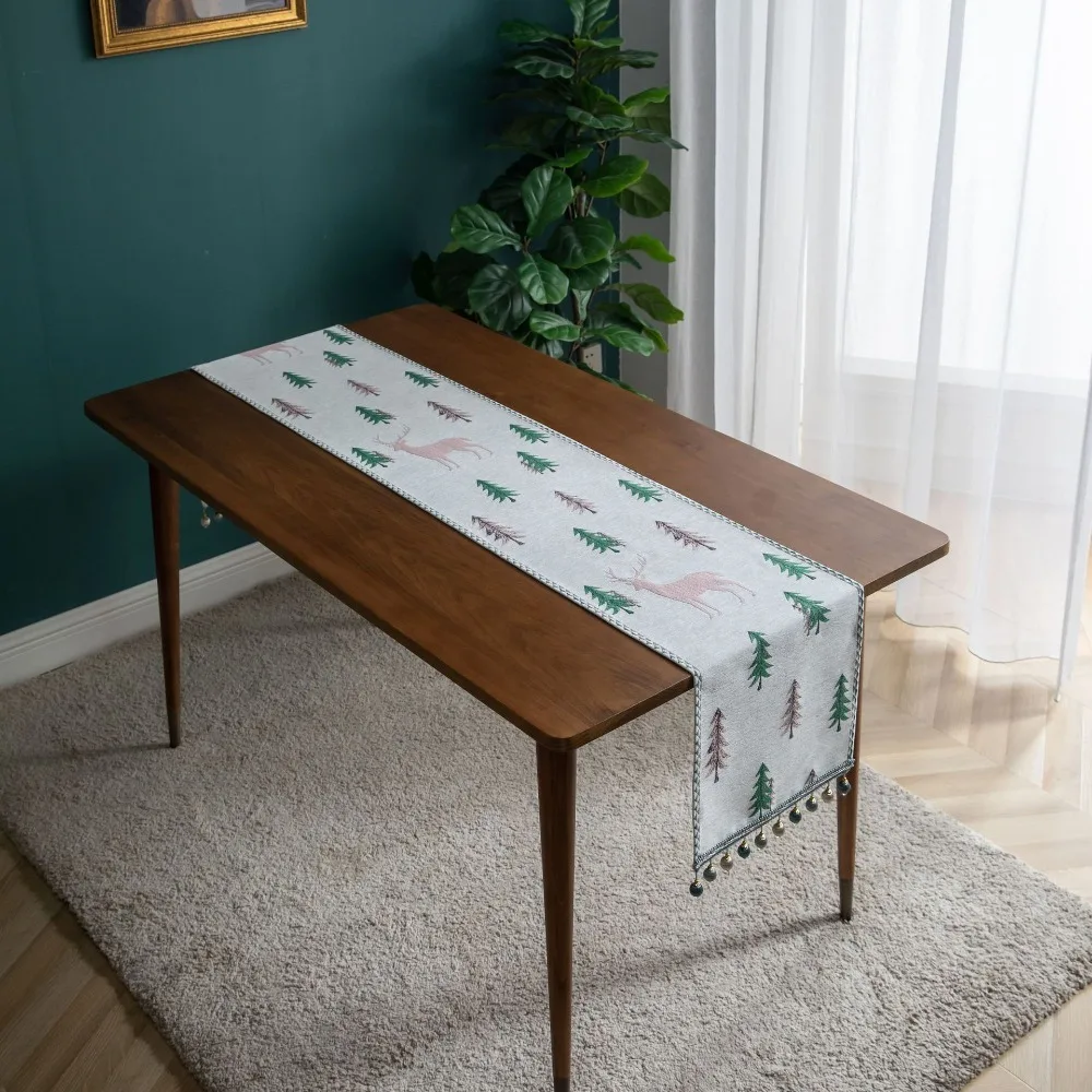 Embroidery Pattern Christmas Tree Elk Table Runner Stain-resistant with Tassel Ball Table Cloth Soft Thickened Table Linen Party