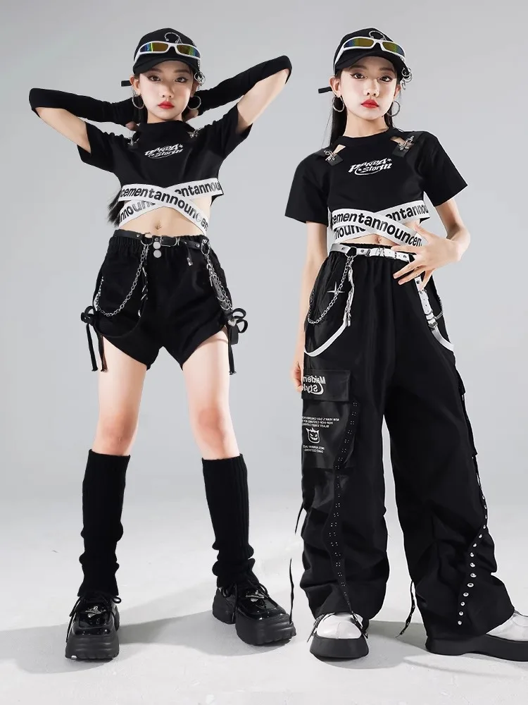 Schwarz Jazz Dance Kostüm Mädchen Hip Hop Kleidung Sommer Kurzen Ärmeln Kpop Street Wear Bühne Leistung Anzug Team Kleidung BL14776