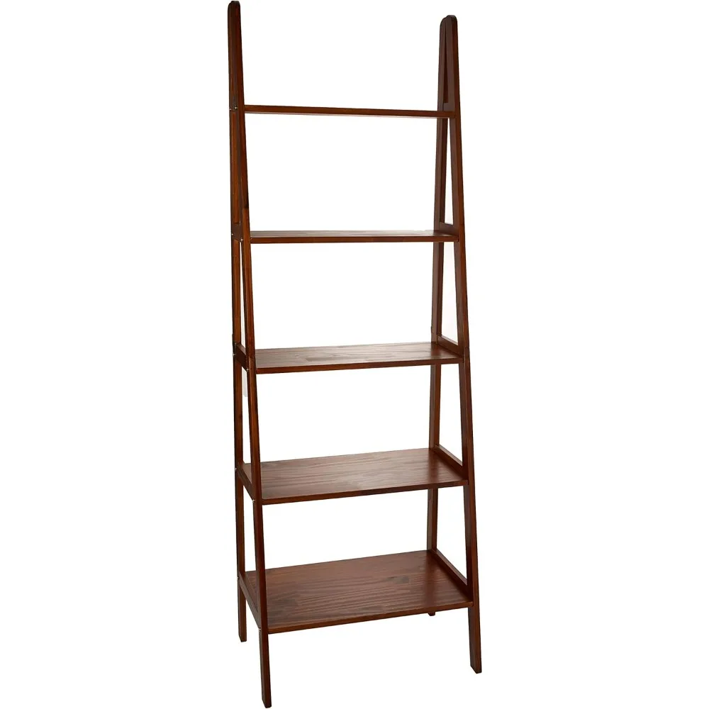 Casual Home 100% Solid Wood 5-Shelf Ladder Bookcase, 24.75W x 16D x 72H, Warm Brown, 5-Tier Freestanding Ladder Shelf
