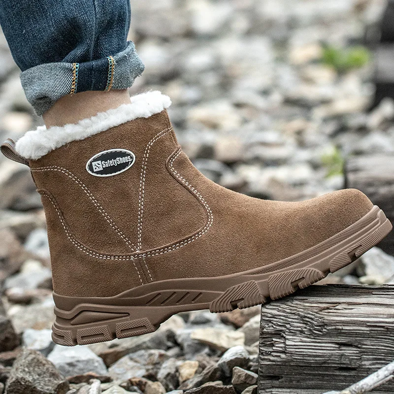 men fashion steel toe caps safety boots cow suede leather welding shoes warm cotton winter work boot worker ankle snow botas man