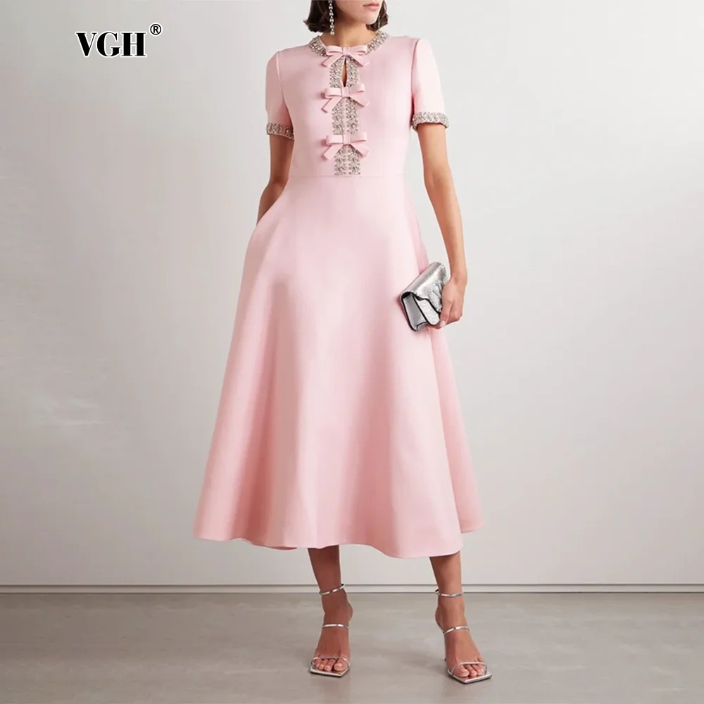 

VGH Solid Slimming Long Dresses For Women Round Neck Short Sleeve High Waist Spliced Bowknot Temperament Dress Female Fashion