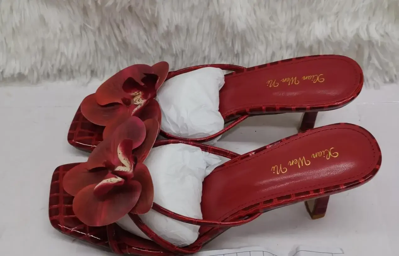 Butterfly Orchid Flowers Decor Women Dress High Heels Fashion Square Toe Thin Heel Slingback Pumps Ladies Flipflops Slippers