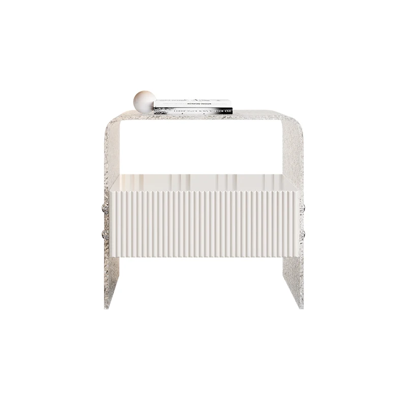 #Cracked Ice Texture Acrylic Nightstand Cream White Fluted Single Drawer Minimalist Bedroom Bedside Storage Cabinet Assembled