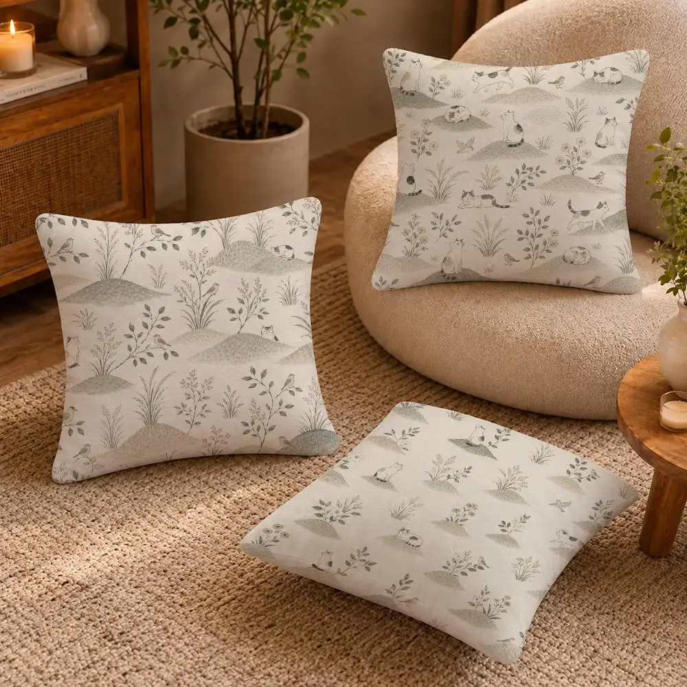 Japanese Natural Hand-drawn Cushion Cover Short-Plush Cushion Cover Pillowcase — Suitable for Sofas Bedrooms and Home Decor