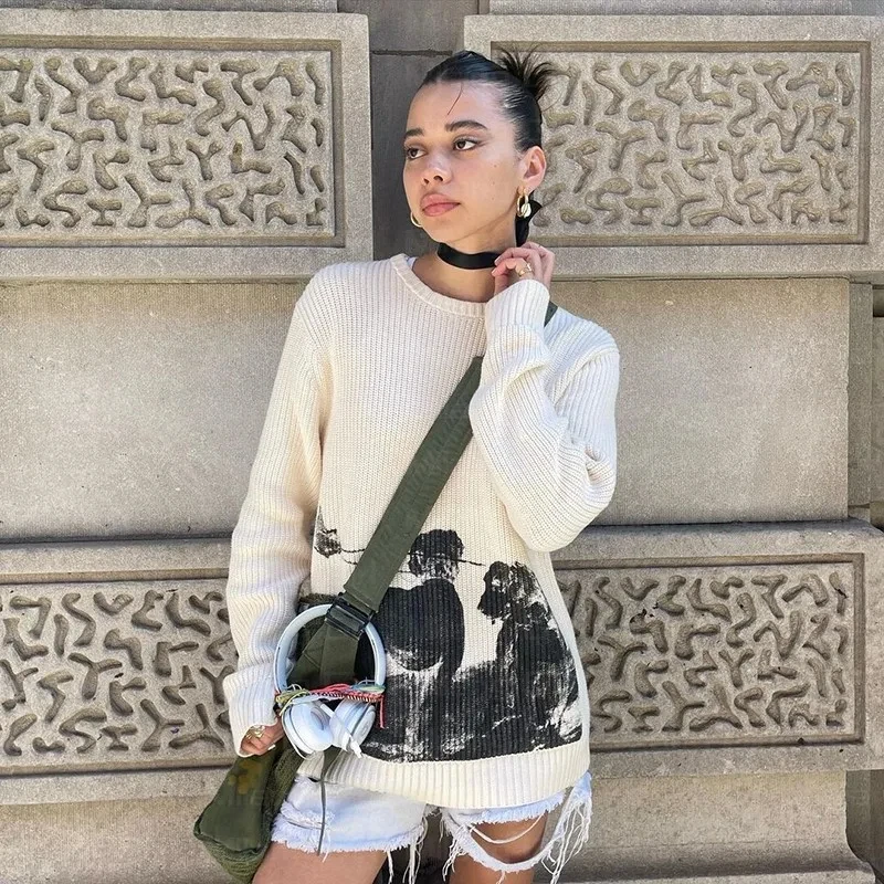 

Y2K Autumn Winter Gothic Harajuku Long Sleeved Round Neck Loose Women Sweater Aesthetics Knitted Retro Street Oversized Knitwear