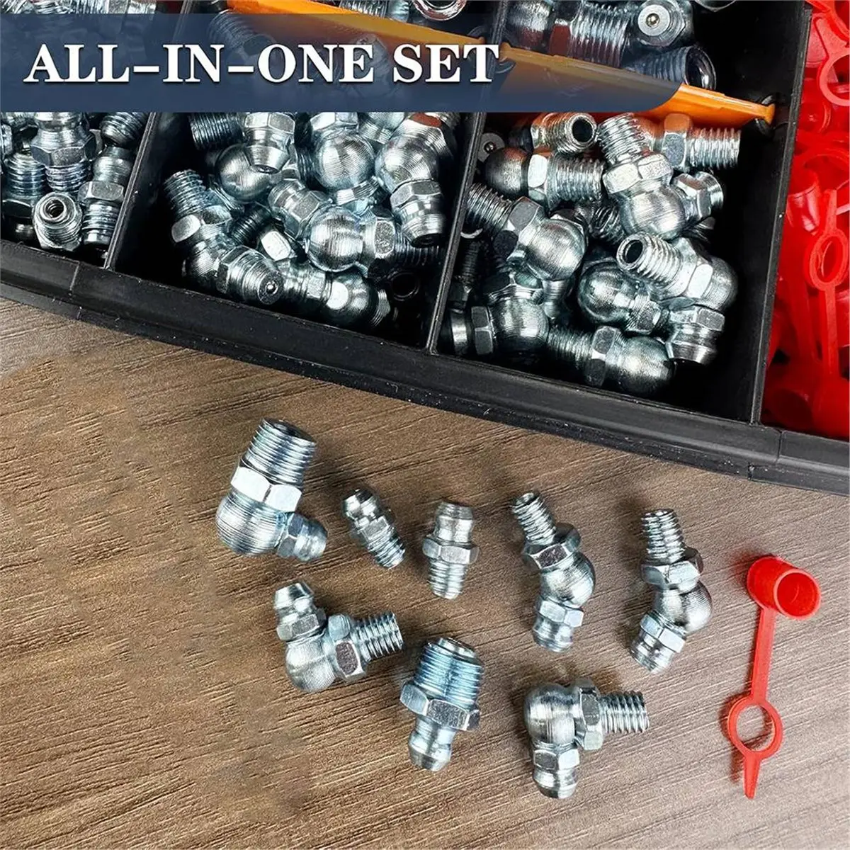 

Time Saving Grease Fittings Kit, 350Pcs SAE & Metric Grease Fitting Assortment,Straight 45 90 Degree Grease Zerk Fittings with C
