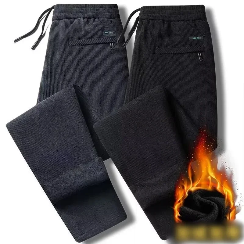 

Black gray men's corduroy casual pants with drawstring, thick elastic business pants, mid waist brand winter warm pants