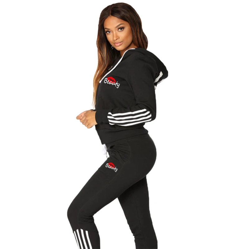 Women\'s striped printed zippered hooded sweatshirt and pants set sportswear Women\'s two-piece jogging sportswear