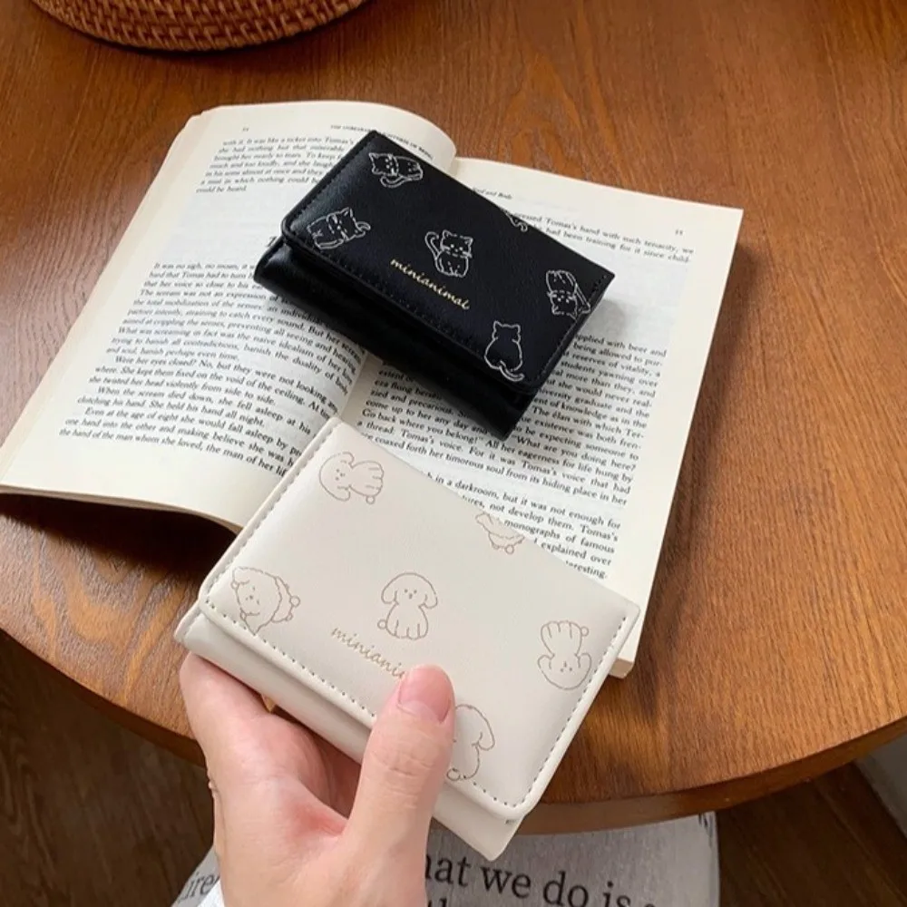 Compact Korean-Style Cartoon Trifold Wallet Cute Pattern Soft Card Holder Rabbit Minimalist Pu Leather Coin Purse Dating