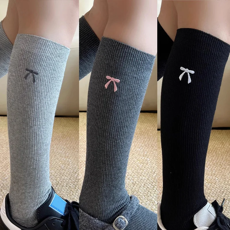 

4 пары японских вязаных длинных носков с бантом в стиле Харадзюку, весенне-осенние хлопковые носки, балетные стильные женские чулки в стиле Лолиты JK