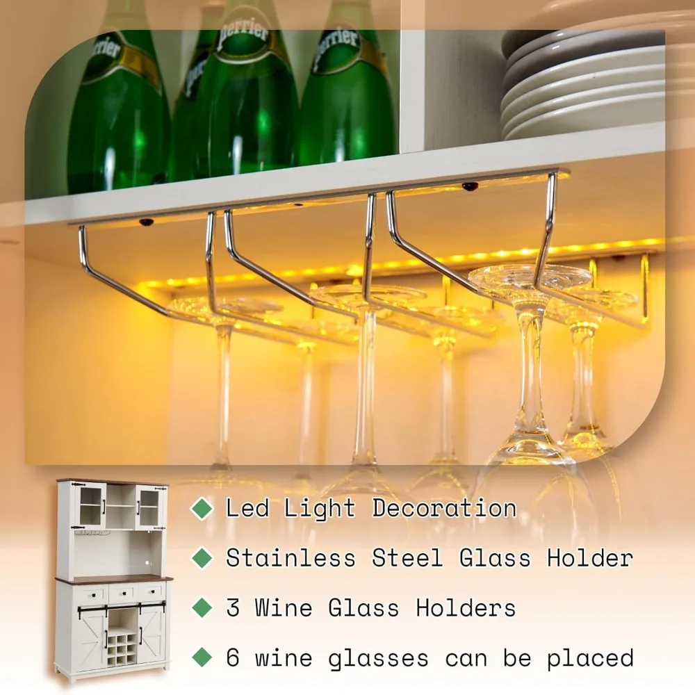 Armadietto da bar per caffè e vino in stile fattoria 72 con anta scorrevole per fienile, portaoggetti per buffet da cucina, 3 cassetti, illuminazione a LED