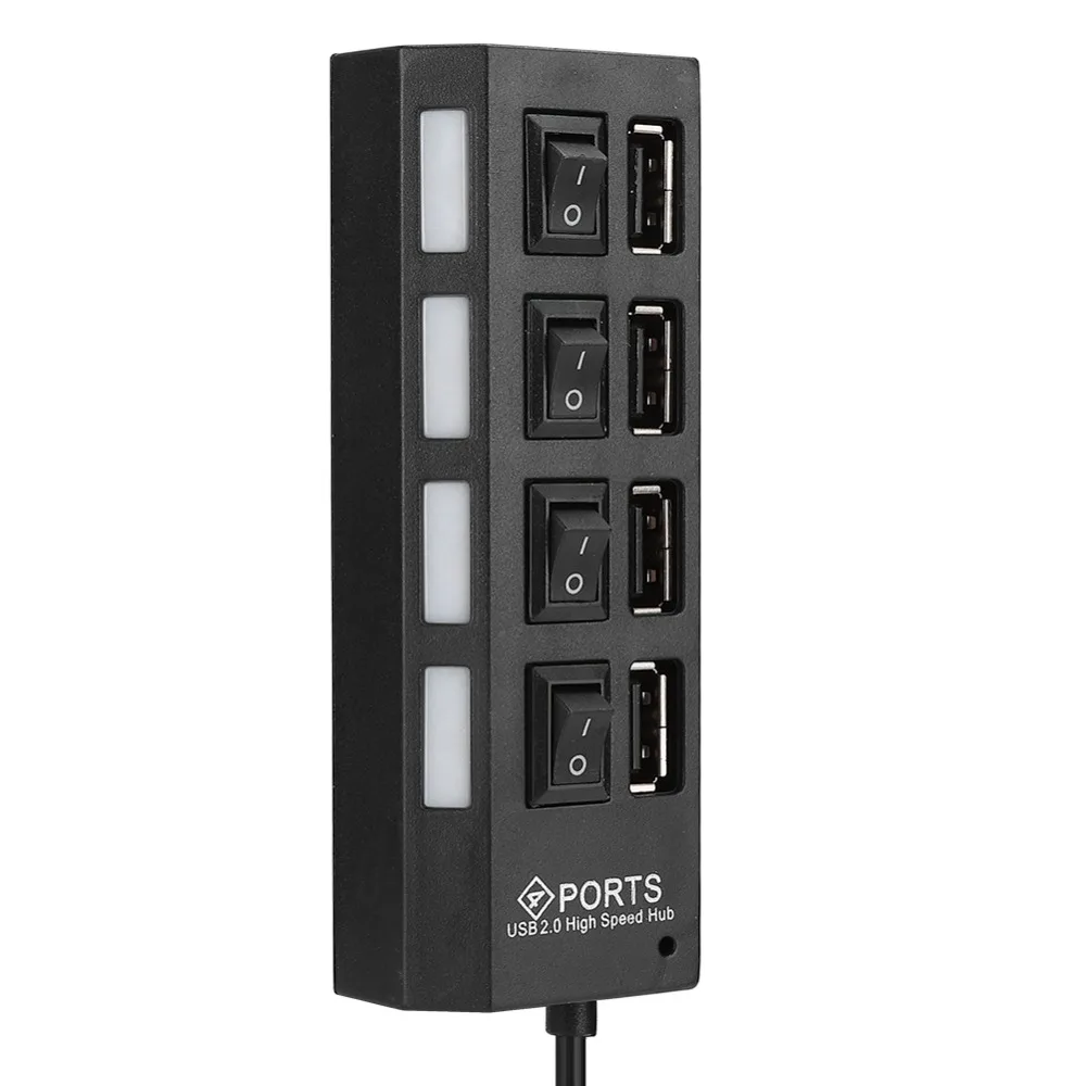 Black 4 Ports USB2.0 Hub High Speed LED Indicators USB2.0 Splitter Plug and Play Multiport Adapter Gaming Setup