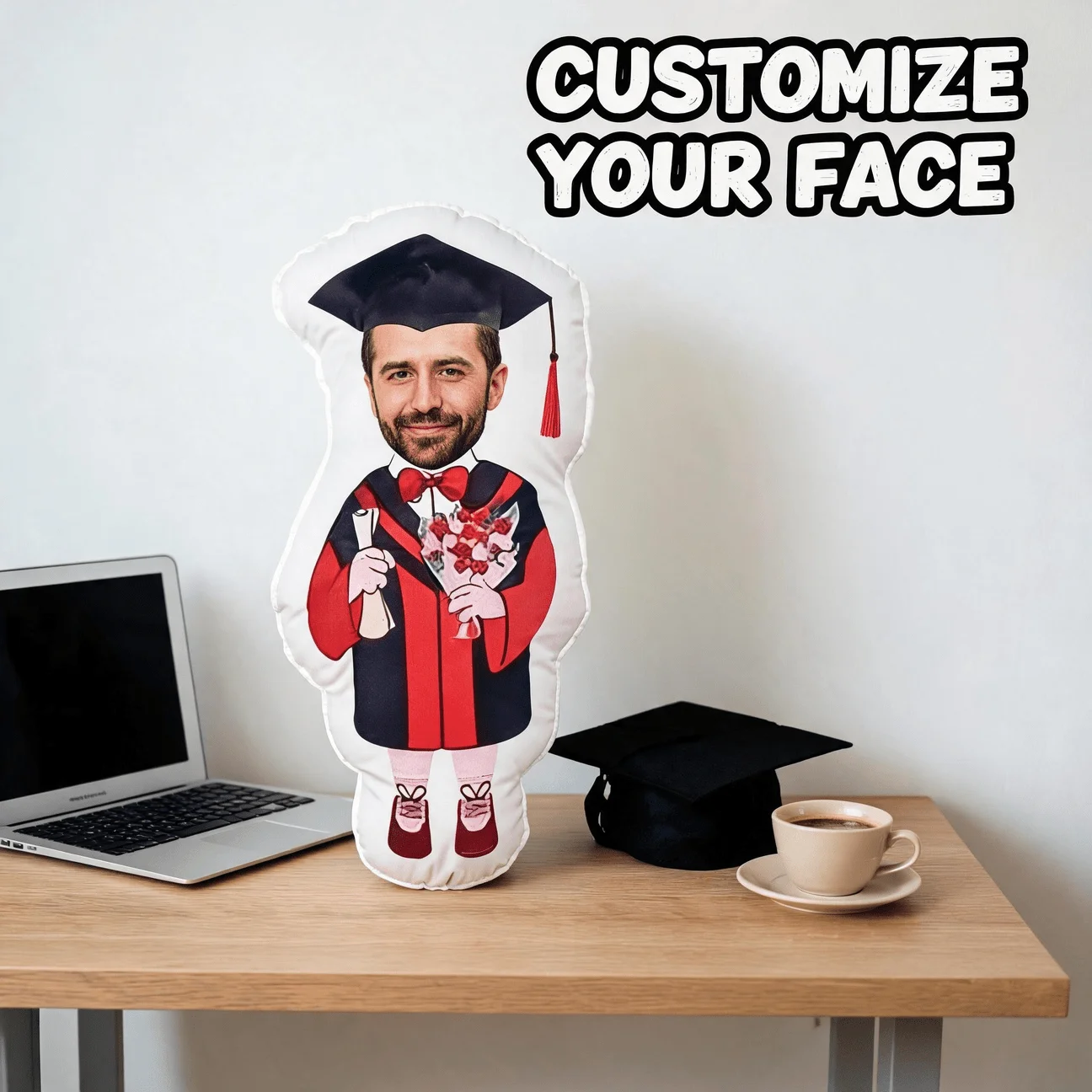 Custom Photo Graduation Shaped Pillow, Personalized Face in Gown And Cap Holding Diploma Decorative Cushion, 70CM Home Decor Acc