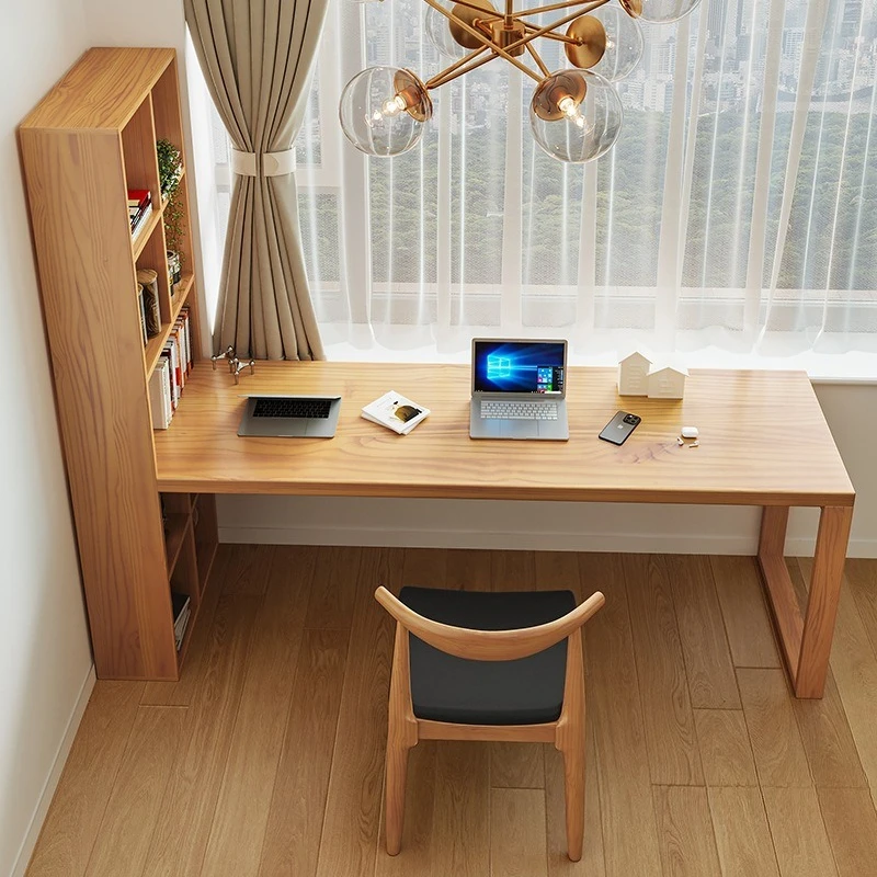 All solid wood desk bookshelf integrated bedroom long reading study table against the wall double office computer desk workbench