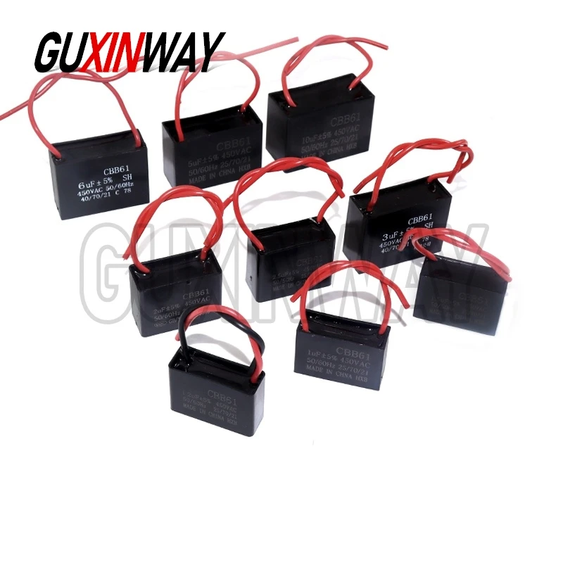 CBB61 Fan Capacitor 450V 1UF 2UF 3UF 5UF 6UF 10UF 18UF 20UF 25UF Ceiling Fan Motor Run Rectangle Capacitor CBB 61