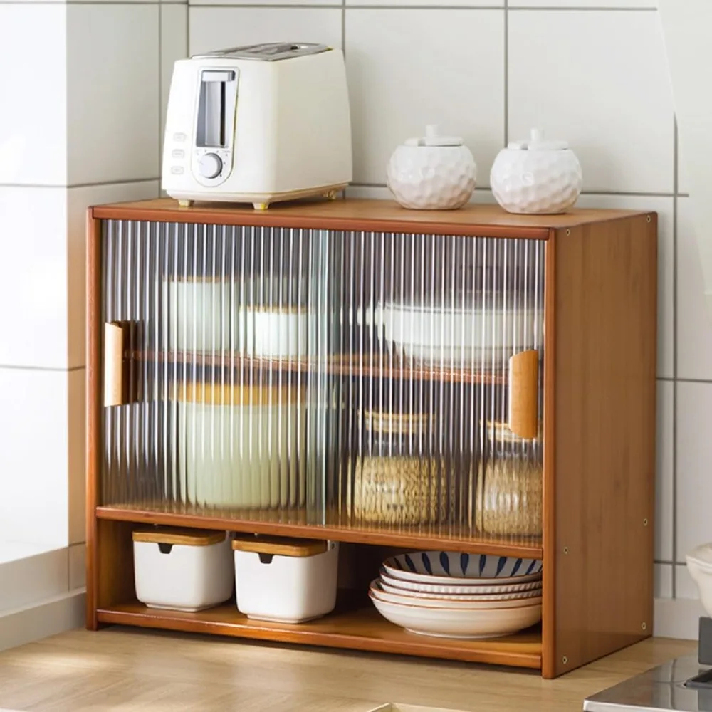 3 Tiers Small Bamboo Kitchen Pantry Sideboard Countertop Storage Cabinet with 2 Sliding Striped Glass Doors FreestandingCupboard