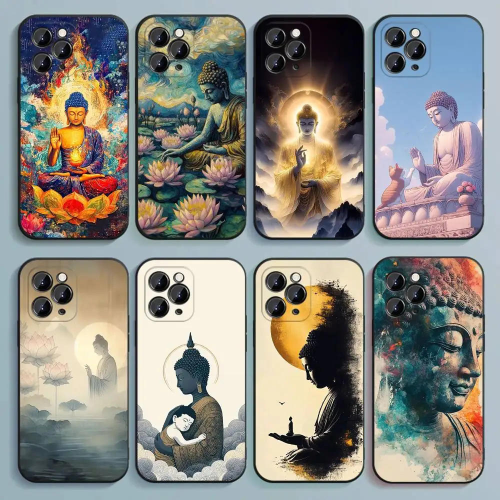 Чехол для телефона с рисунком Будды для iPhone 17,16,15,14,13,12,Pro,Max,Plus,E,SE4,Air,Mini Black, мягкий чехол