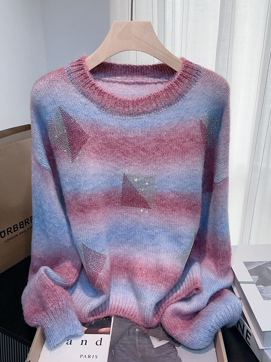 Fashion Gradient Color Round Neck Pullover Sweater For Women's Autumn Winter Soft Versatile Loose Base Knit Sweater Top New