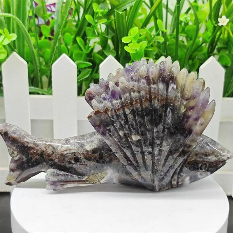 

Natural Feather Fluorite Sailfish Carving Reiki Healing Fengshui Stone Home Office Decoration Holiday Gift 1PCS
