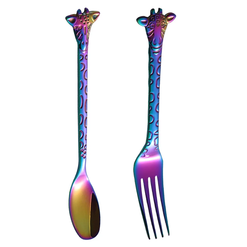 

2pcs Stainless Steel Spoon Fork Set Dessert Coffee Teaspoons Cartoon Non-Slip Handle Colorful Kitchen Flatware For Home