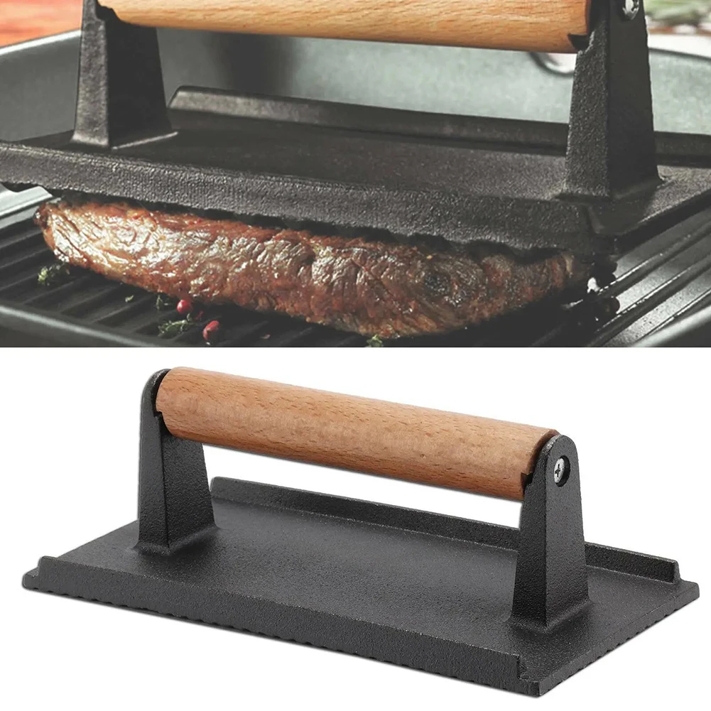 Burger Press Cast Iron Heavy-Duty Grills Bacon Meat Press Tool With Wood Handle Quick & Even Searing For Steaks & Chops Paninis