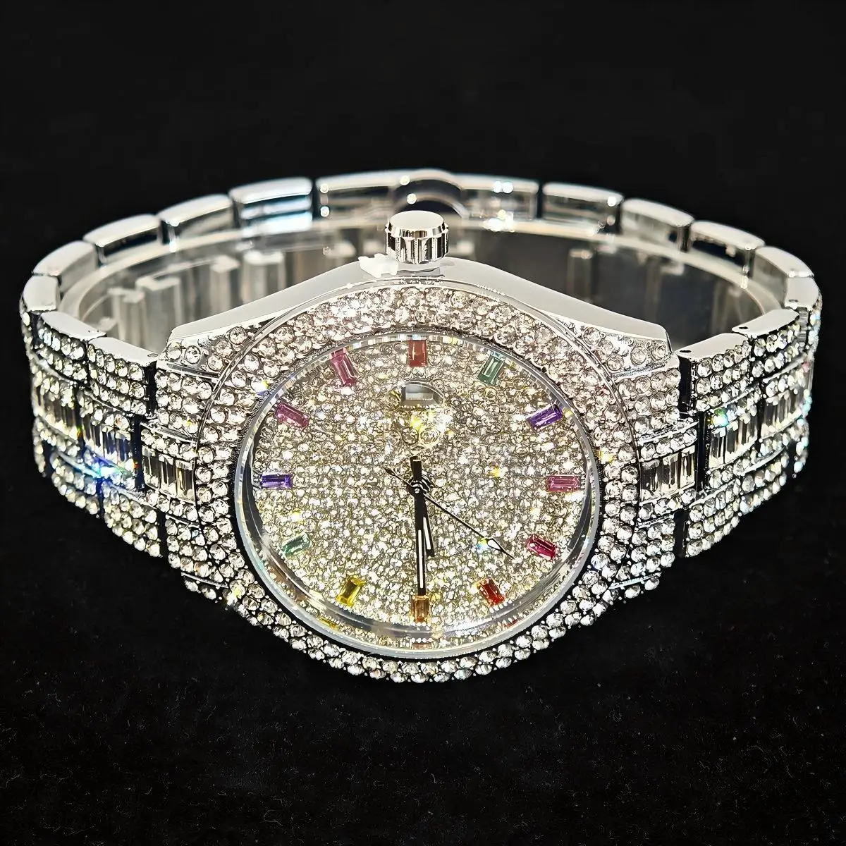 Hot Luxury Brand Men Round Ice Watch Bling Hip Hop Full Diamond Fashion Colored Dot Diamond Dial Male Quartz Wristwatch New Gift
