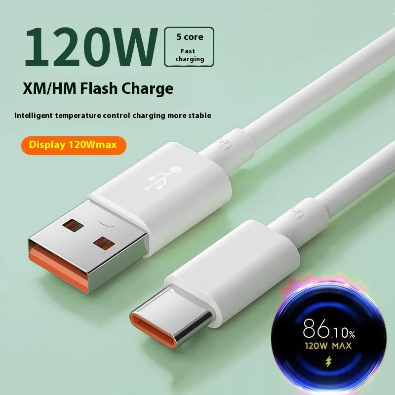 120W 5A High-speed Charging Data Cable USB Type C Cellphone Charger Wire Cord for  Xiaomi 1M/1.5M,White