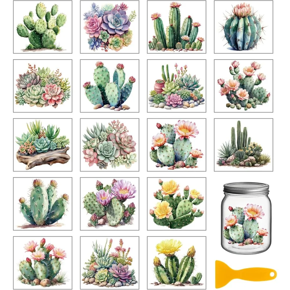 

18 Sheets Cactus Rub on Transfer 3.9x3.6inch Colorful Succulent Vase Home Decals Plant Flowers Cup Transfer Stickers