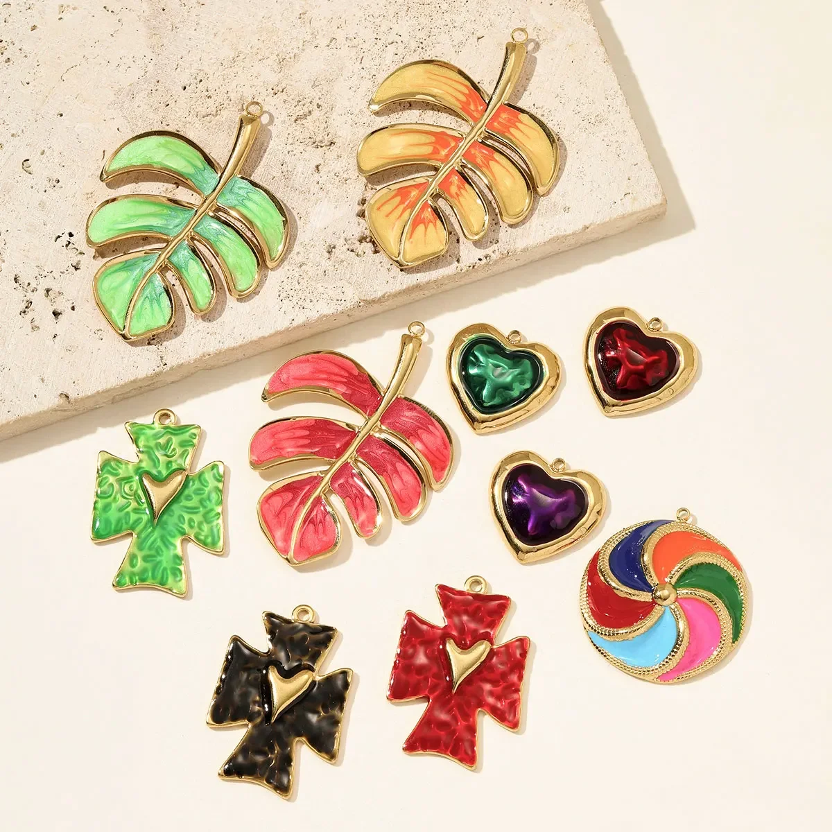 3pcs/Lot Stainless Steel Enamel Heart Cross Necklace Pendant Windmill DIY Charm Women Dopamine Monstera LeafJewelry Wholesale