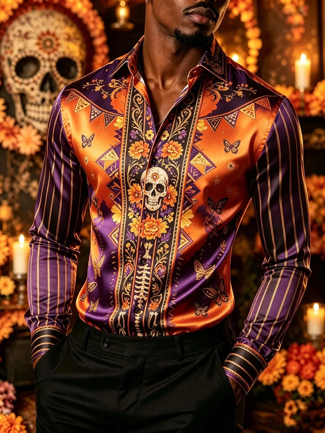 Men Button Up Long Sleeve Shirt Day of the Dead Ethnic Skull Butterfly Floral Print Satin Lapel Shirt