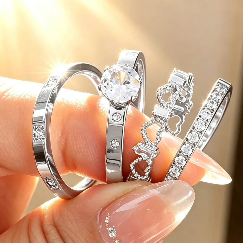 Yupsk 3pcs/set Buling Geometric Zircon Inlaid Stainless Steel Rings for Women Simple Stylish Stackable Rings Engagement Jewelry