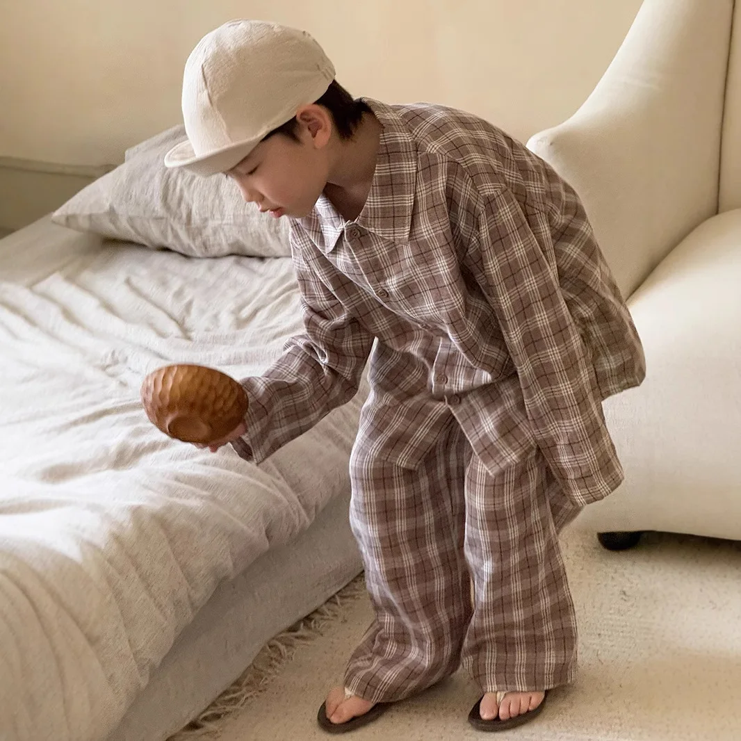 2025 New Children's Pyjamas Autumn Clothes Soft Casual Plaid Set Casual Loungewear for Boys and Grils