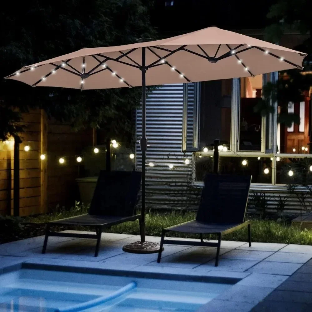 Patio Umbrella, 13FT Double-Sided Patio Umbrellas, with 32 LED Lights, with Crank, with Solar Lights, Patio Umbrella