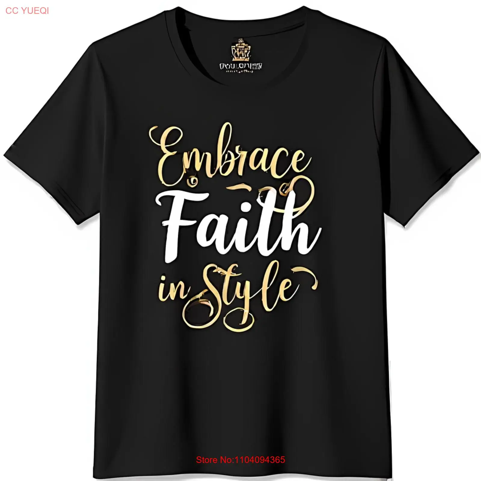 Stylish Black T-Shirt with Gold Crown & Embrace Faith in Style Graphic