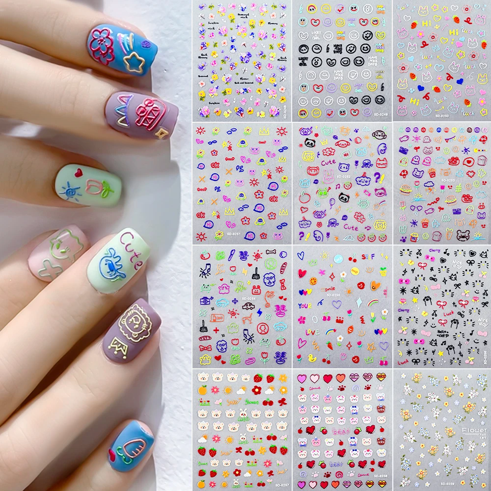 1 Sheet 5D Embossed Nail Art Stickers Graffiti Heart Flower Design Nail Art Decals Self-Adhesive DIY Manicure Nail Art Supplies*